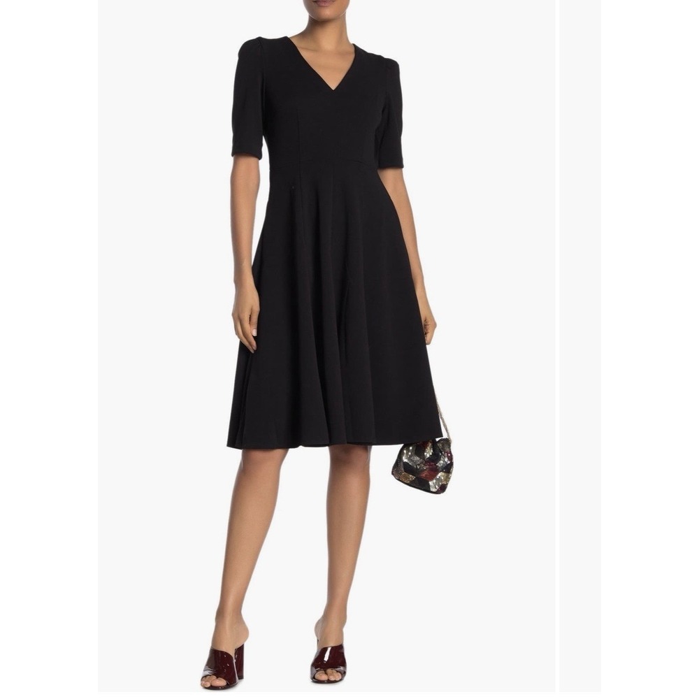 Donna Morgan Crepe Elbow Sleeve V-Neck Fit and Flare Black Midi Dress Size 8